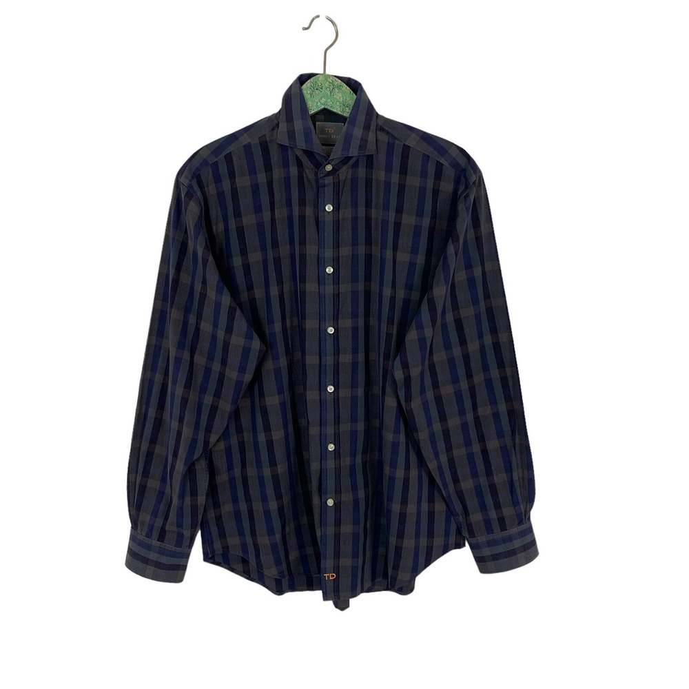 Thomas Dean Navy Green Plaid Button Up Stretch Dress Shirt Long Sleeve Medium